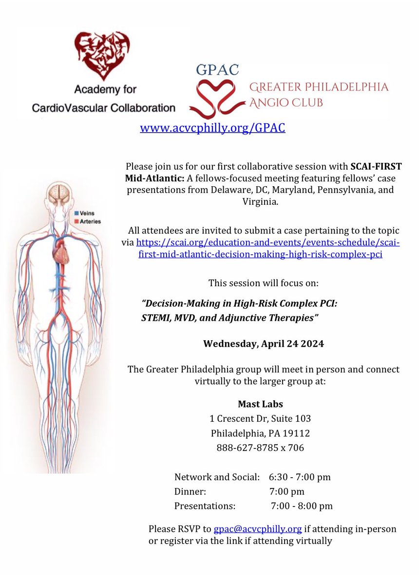 Excited to moderate the inaugural @SCAI and @GPAngioClub collaboration with @TaiKobayashiMD next Wednesday virtually with the region and in-person @Mast_Surgical @CityofPhila. Join us to discuss #complexPCI @ReVascMed