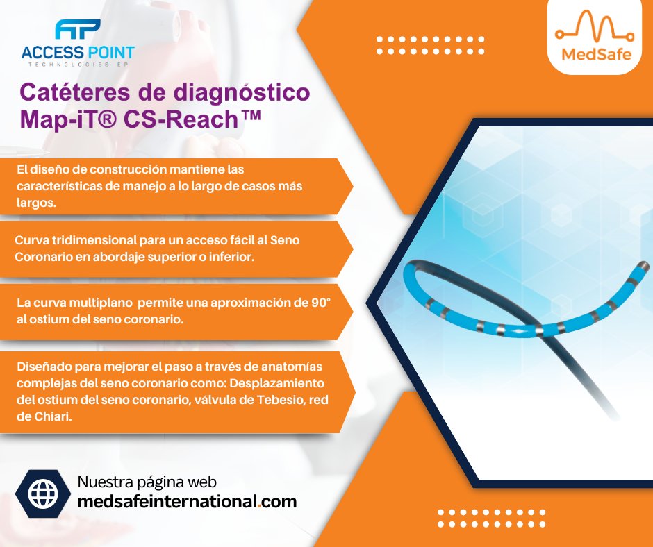 MedSafeint's tweet photo. Como distribuidores exclusivos te ofrecemos Map-iT® CS-Reach de @APTEPInc Este catéter de diagnóstico, diseñado para abordar la desafiante anatomía del seno coronario, te brinda una herramienta precisa y confiable para tus procedimientos. 

#EPeeps_Bot #EP_Bot #EPeeps https://t.co/uteoq9URs6
