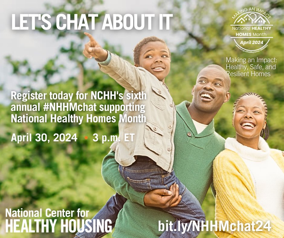 TWO WEEKS AWAY! Our sixth annual #NHHMchat in support of @HUDHealthyHomes' National Healthy Homes Month will happen Tuesday, April 30, at 3 p.m. Join us for a very exciting hour! Details: bit.ly/NHHMchat23

#NHHM24 #PublicHealth #LeadPoisoning #Asthma #OlderAdults