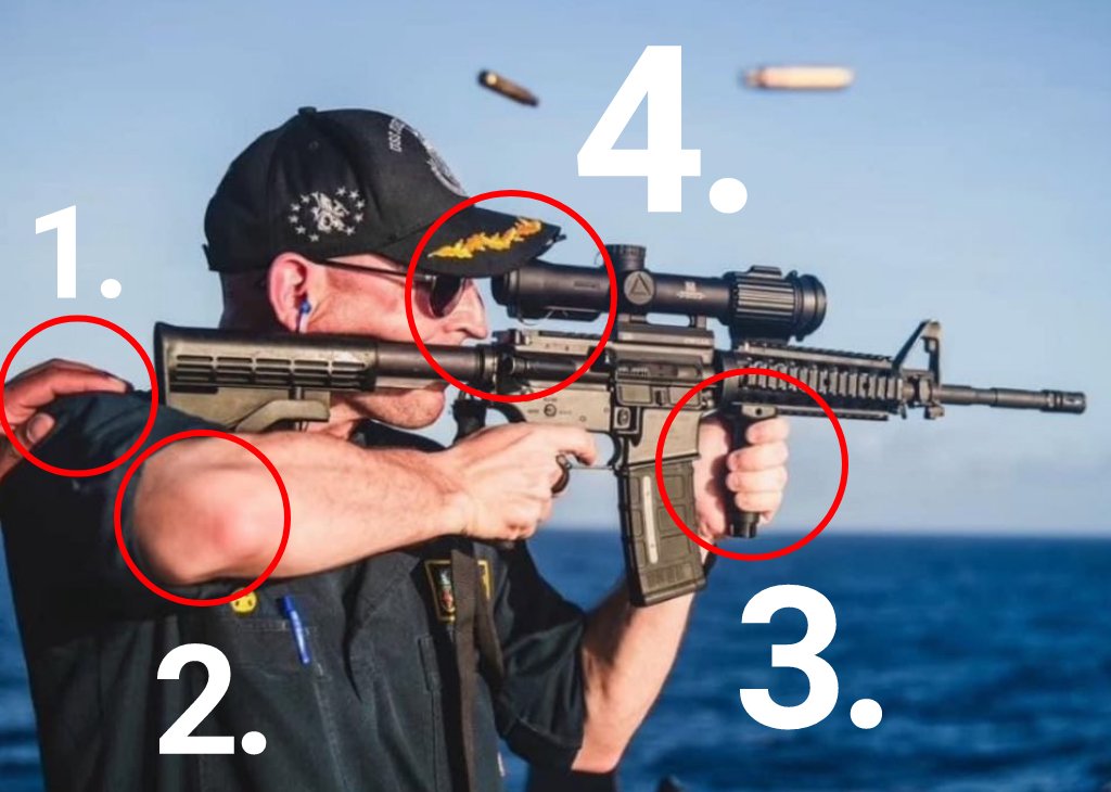 Don't be this guy:

1. Get your hand off me.
2. Why so chickenwing?
3. Forward Grip means grip forward.
4. That Telescopic Sight is on BACKWARDS.