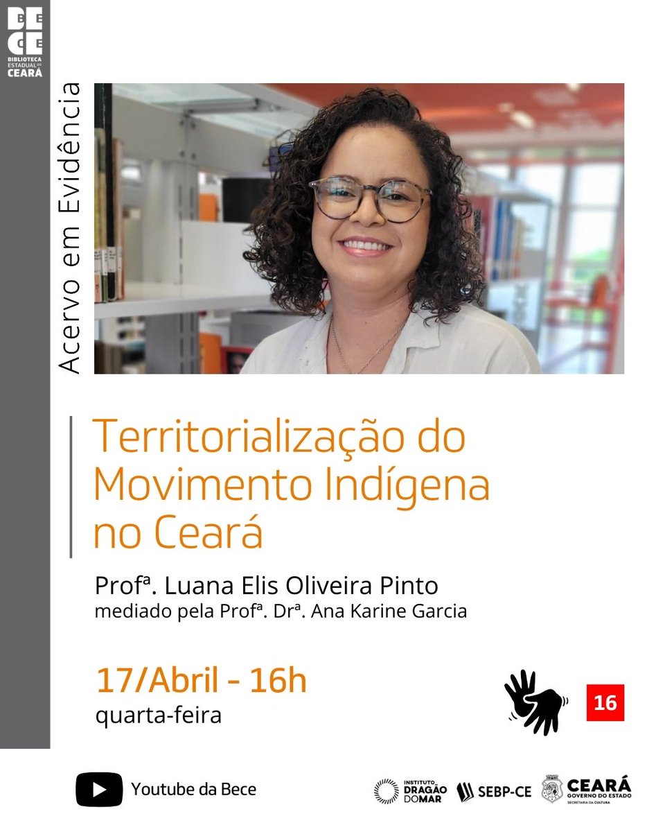 #Live • Nesta quarta, dia 17/04, às 16h, acontece o Programa “Acervo em Evidência”, com o tema "Territorialização do Movimento Indígena no Ceará", com profª Luana Elis Oliveira Pinto e mediação da profª Ana Karine Garcia.

Assista: youtube.com/live/3V9MAT7NG…