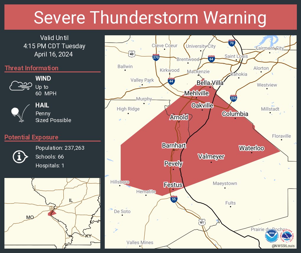 Severe Thunderstorm Warning continues for Oakville MO, Mehlville MO and Arnold MO until 4:15 PM CDT