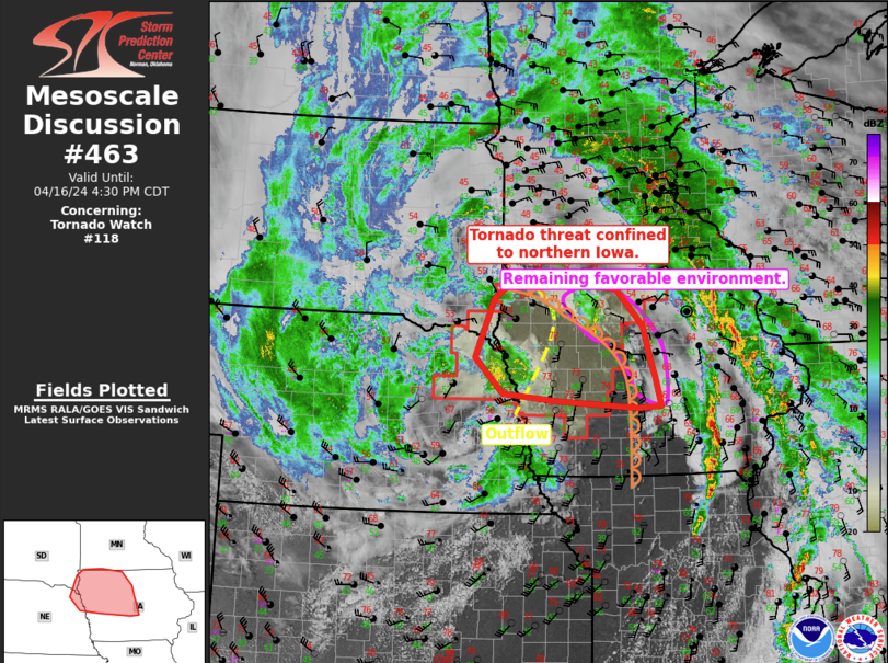 NWSSiouxFalls's tweet photo. 3:36 pm CDT SPC update regarding the storms pushing into southwestern MN at this time. Expectation is that storms will continue to be on a downward trend. See details at this link: https://t.co/vrmvr6lbEb https://t.co/s5wjHTvkak
