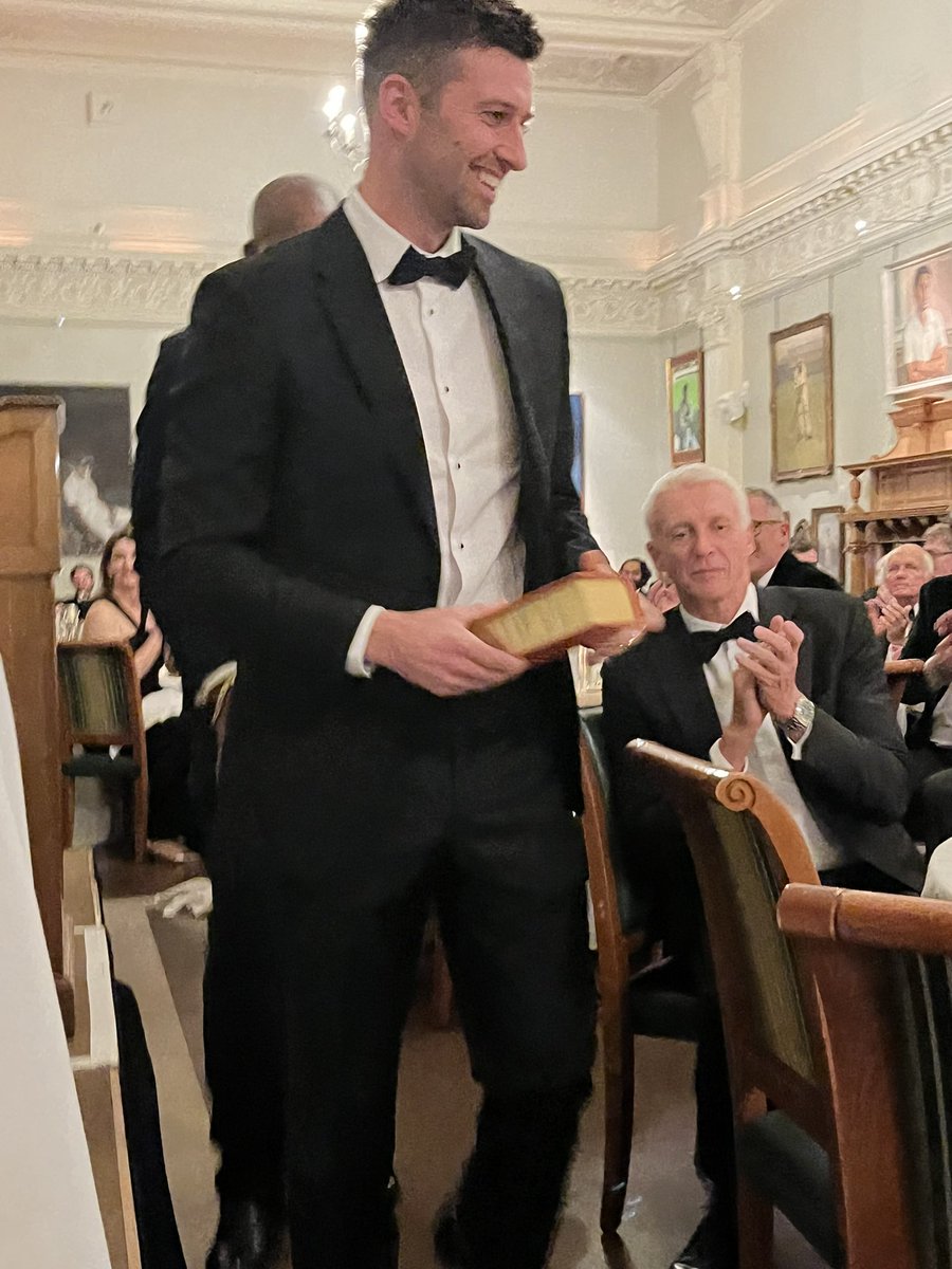 Mark Wood, one of the 2024 @WisdenAlmanack Cricketers of the Year. Awarded his leather-bound edition by a member of the Wisden Five in 1995, Devon Malcolm.