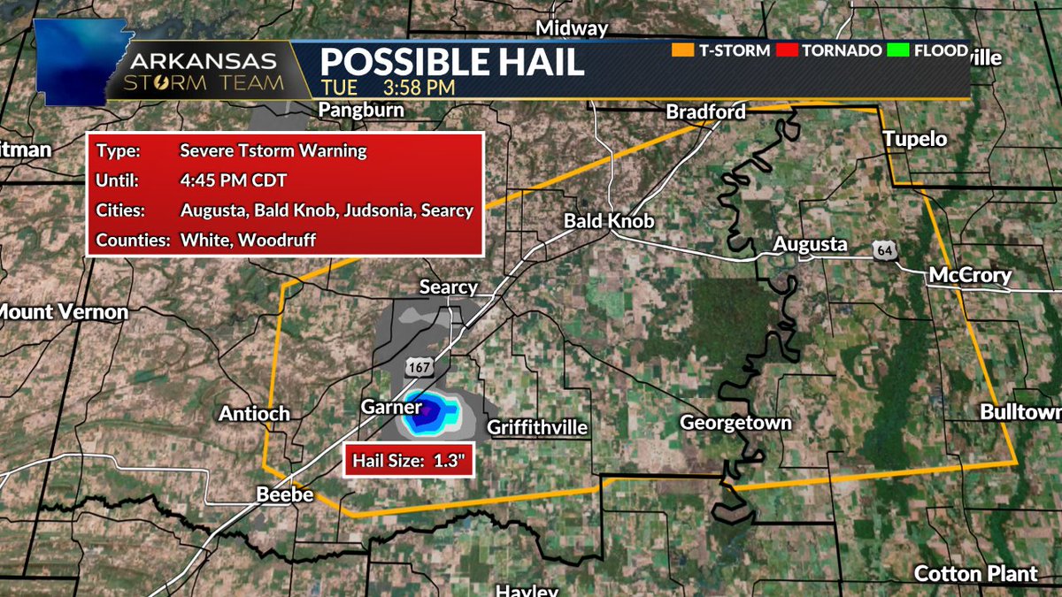 Heads up to those driving on 167 south of Searcy: large hail possible with this storm tracking northeast around 45mph. Severe Thunderstorm Warning till 4:45pm. #arwx #ARStormTeam