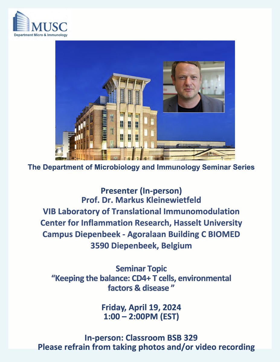 THIS FRIDAY, I will be hosting Prof. Dr. Markus Kleinewietfeld @VIBLifeSciences @BIOMED_UHasselt! He will be giving the @MUSChealth #Immunology Seminar Friday April 19 at 1 pm on the interplay between #Tcells, #environment, and #disease! #immunologymatters #changingwhatspossible