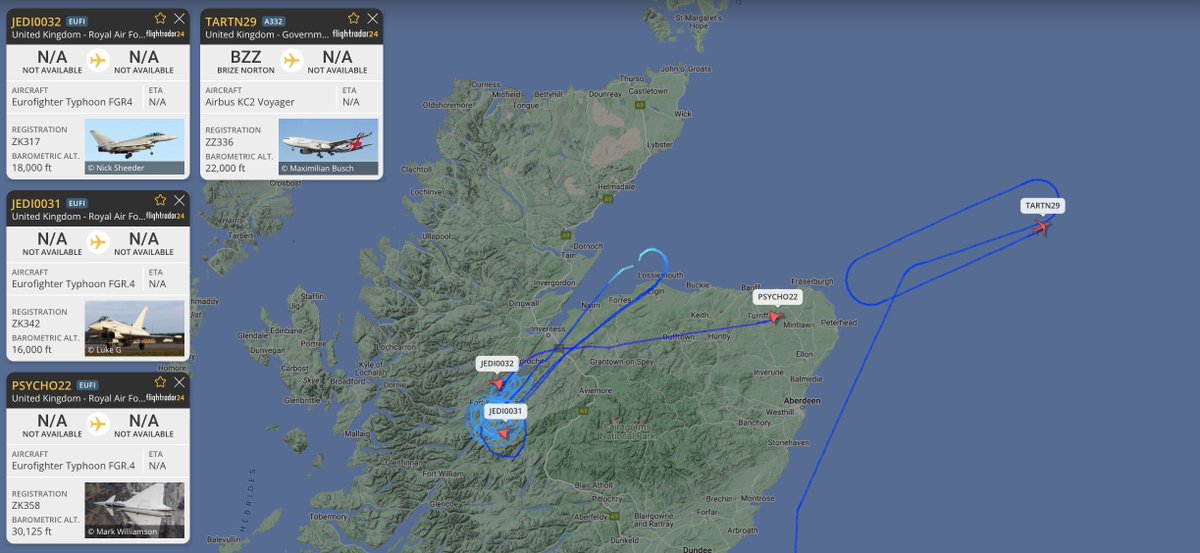 alternativewip's tweet photo. #RAF 3x eurofighter typhoons seen on the flight radar over scotland, aircraft looking to have departed from lossiemouth. #JEDI0032 #JEDI0031 #PSYCHO22
KC2 voyager also in the area, tanker completing laps over the north sea to the east of scotland, departure from BZZ. #TARTN29 https://t.co/qht8Ehic5d