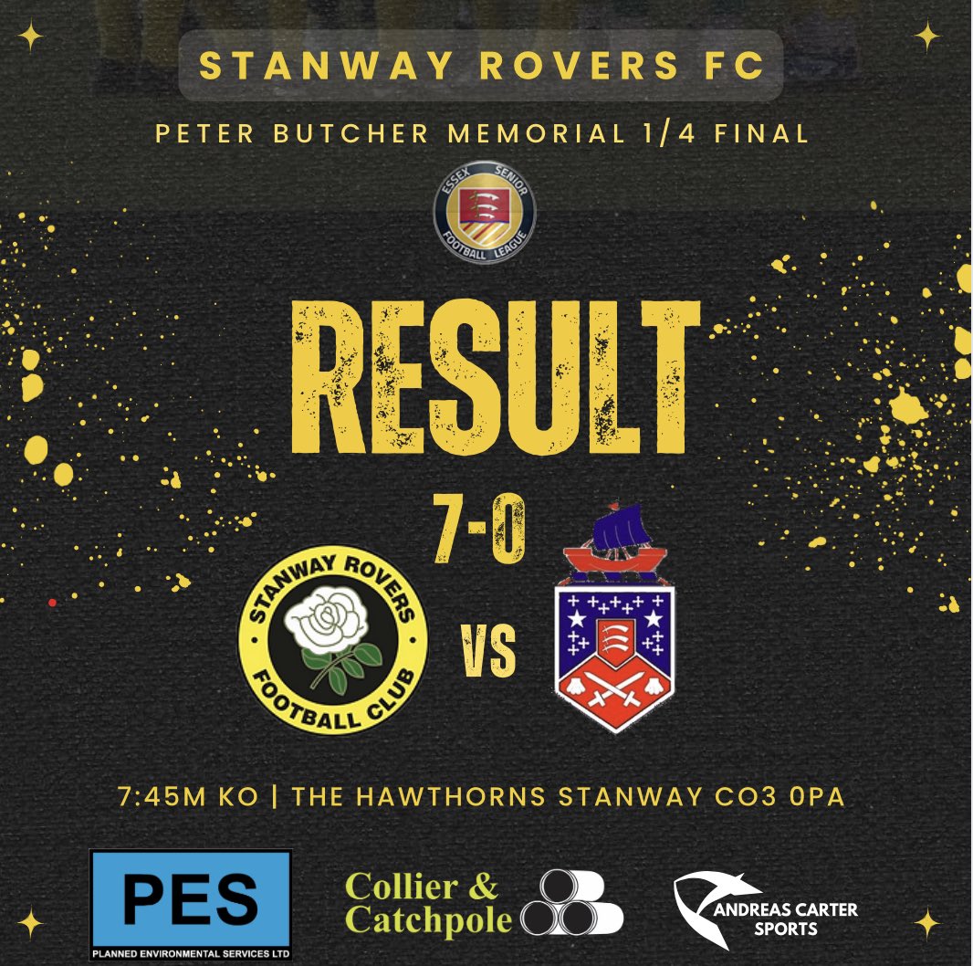 ⏱️ 90 | Full Time Professional performance from Rovers, 7-0 the final score. Good minutes for the squad and Nat Mardell’s 1st senior hat-trick, we’ll done boys. The semi final now awaits 💛🖤 Rovers 🟡 7-0 🔵 Clacton #WeAreStanway #ESL #NonLeague