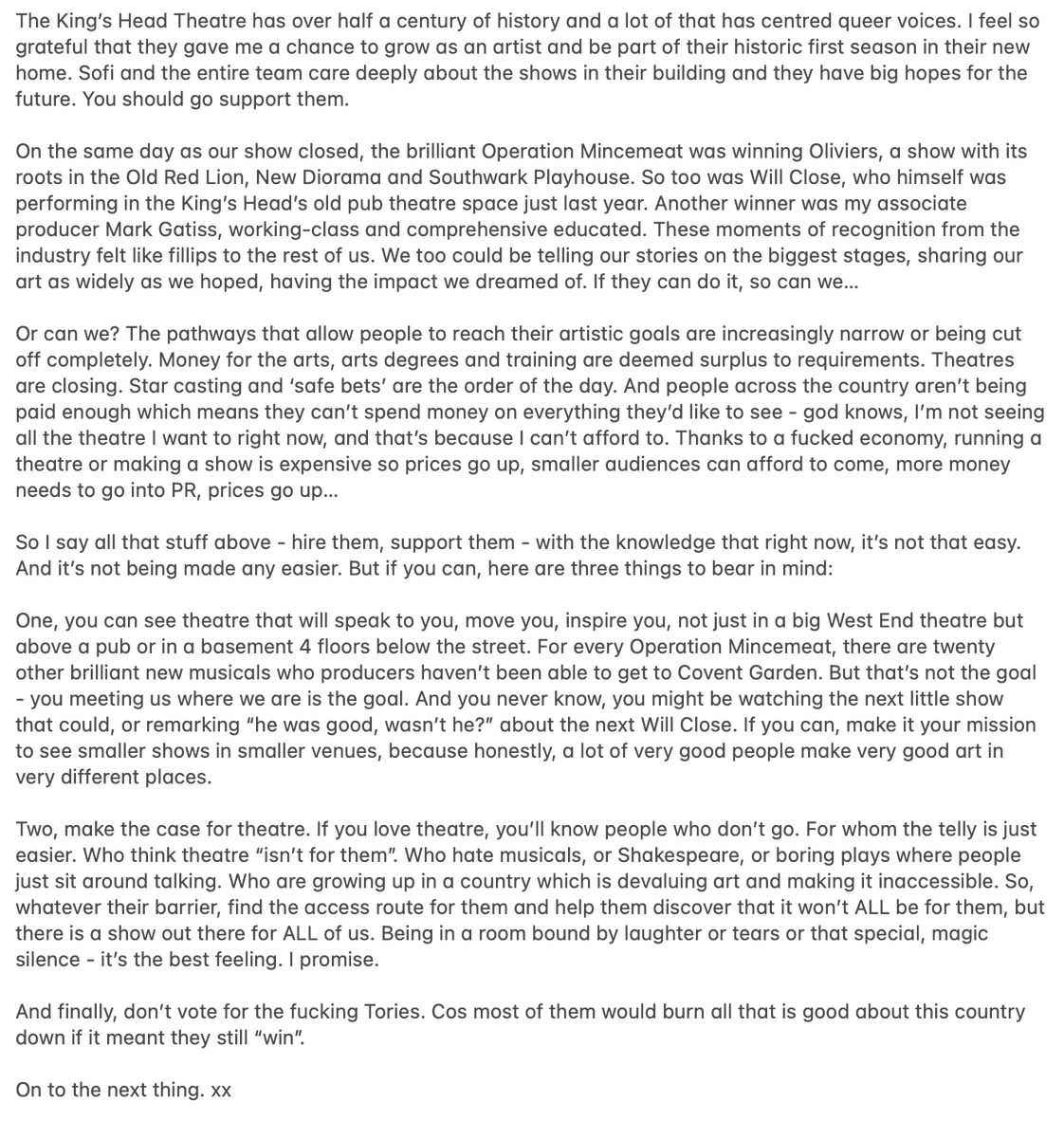 A few thoughts. Thanks to everyone who helped make Breeding. And here's hoping we can keep making the case for accessible theatre in a hostile environment which seems primed against it right now.