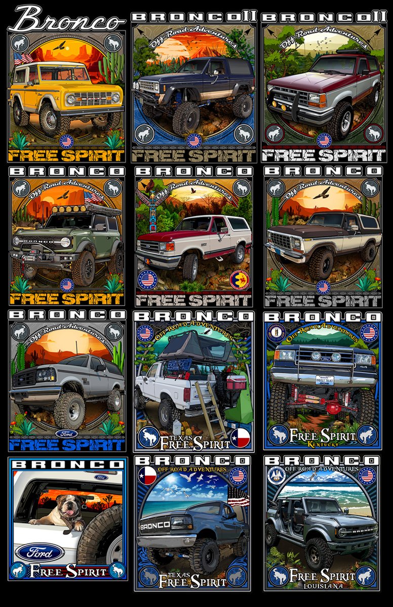 Amra5911's tweet photo. This are some of the community members Bronco's I've illustrated. If you would like to check out other vehicles I've done or get these designs on t-shirt, stickers or other swag this is the direct link: https://t.co/vU02i9DPhz #bronco #broncos #fordbronco https://t.co/w3Vettwtus