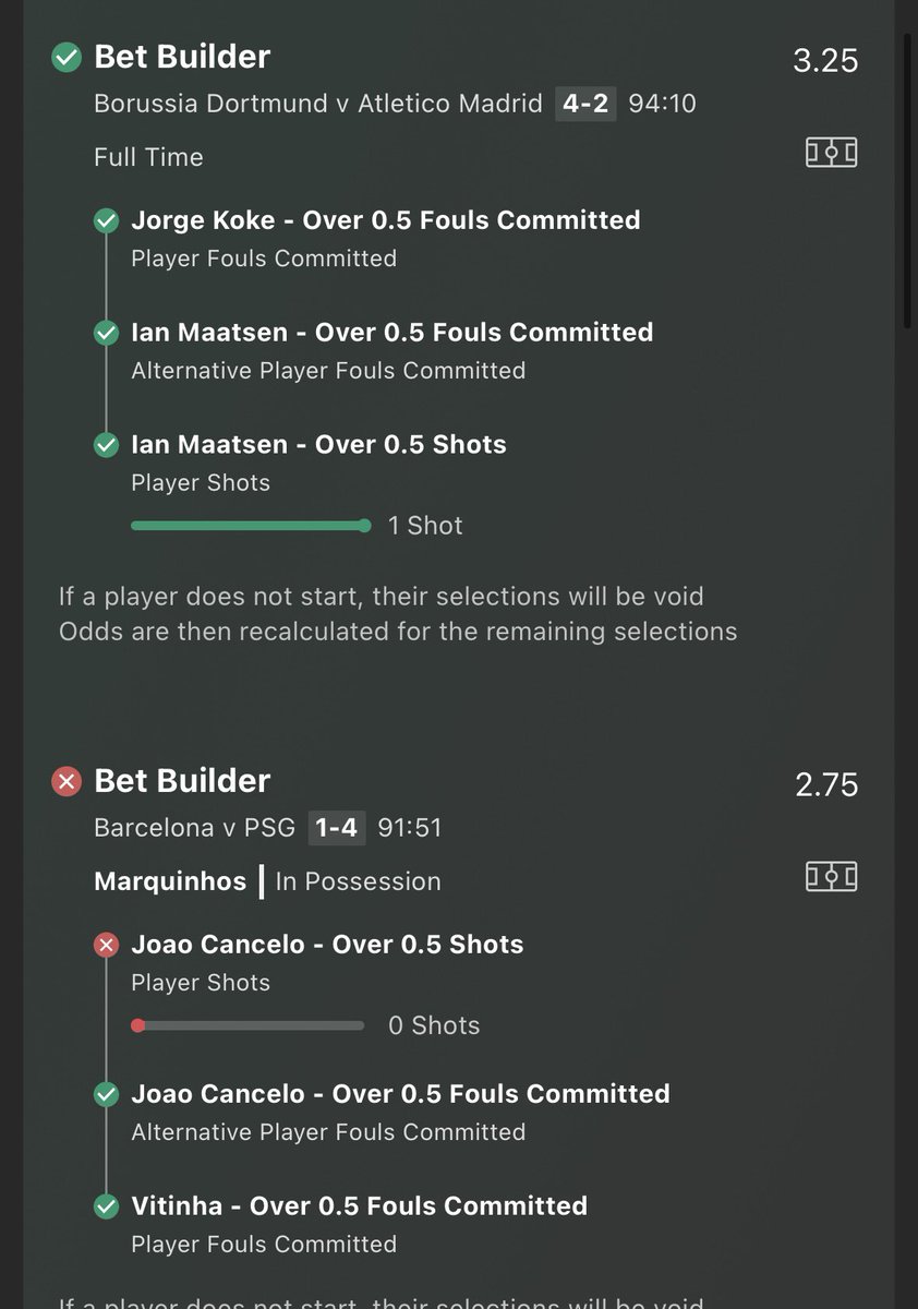 OddsUpClub's tweet image. 5/6 selections on the betbuilders and athletico finishing on 11 fouls leaves us on a 0.75 unit loss for the night, red card killed the Cancelo shot.

Not much luck the past week but will turn soon enough boys.