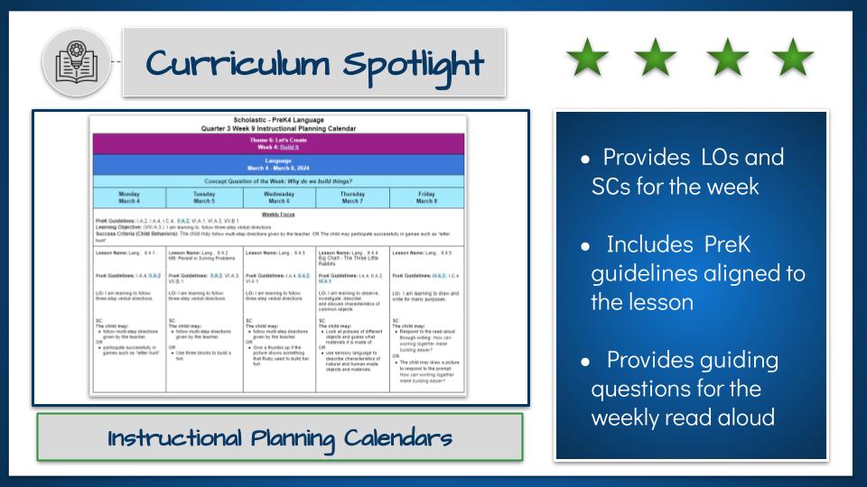 ⭐️Did You Know?⭐️  Our PreK curriculum provides weekly instructional planning calendars (IPCs) that provide LOs and SCs, guidelines, and guiding questions for the week!  They are located in Curriculum Central under PreK Content.  Check them out today!