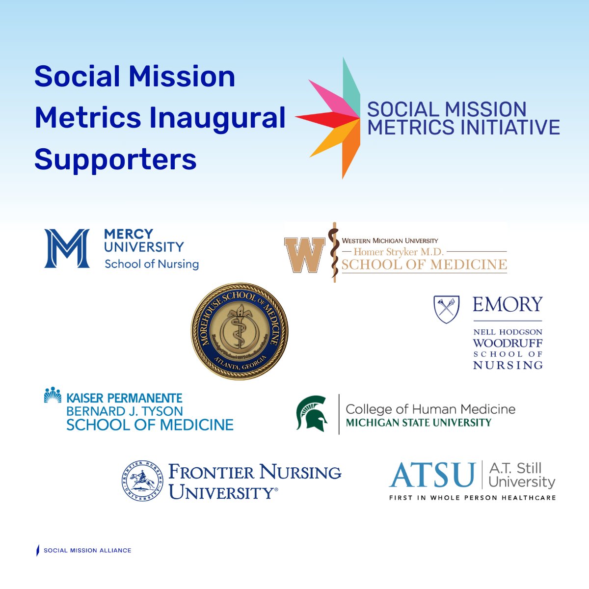 📢We are excited to announce our 2024 Social Mission Metrics Inaugural Supporters; an invited cohort of health professions institutions with demonstrated commitment to social mission through prior participation in social mission metrics self-assessment 🌟socialmission.org/social-mission…