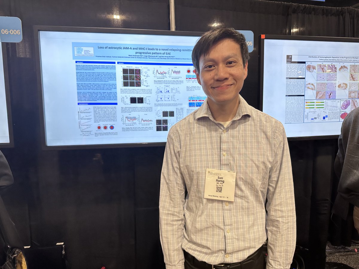 Shout out to all our poster presentations today! Here is Sam H. Horng, MD, PhD, with his poster on Loss of Astrocytic JAM-A and MHC-I Leads to a Novel Relapsing-remitting, Chronic Progressive Pattern of EAE.