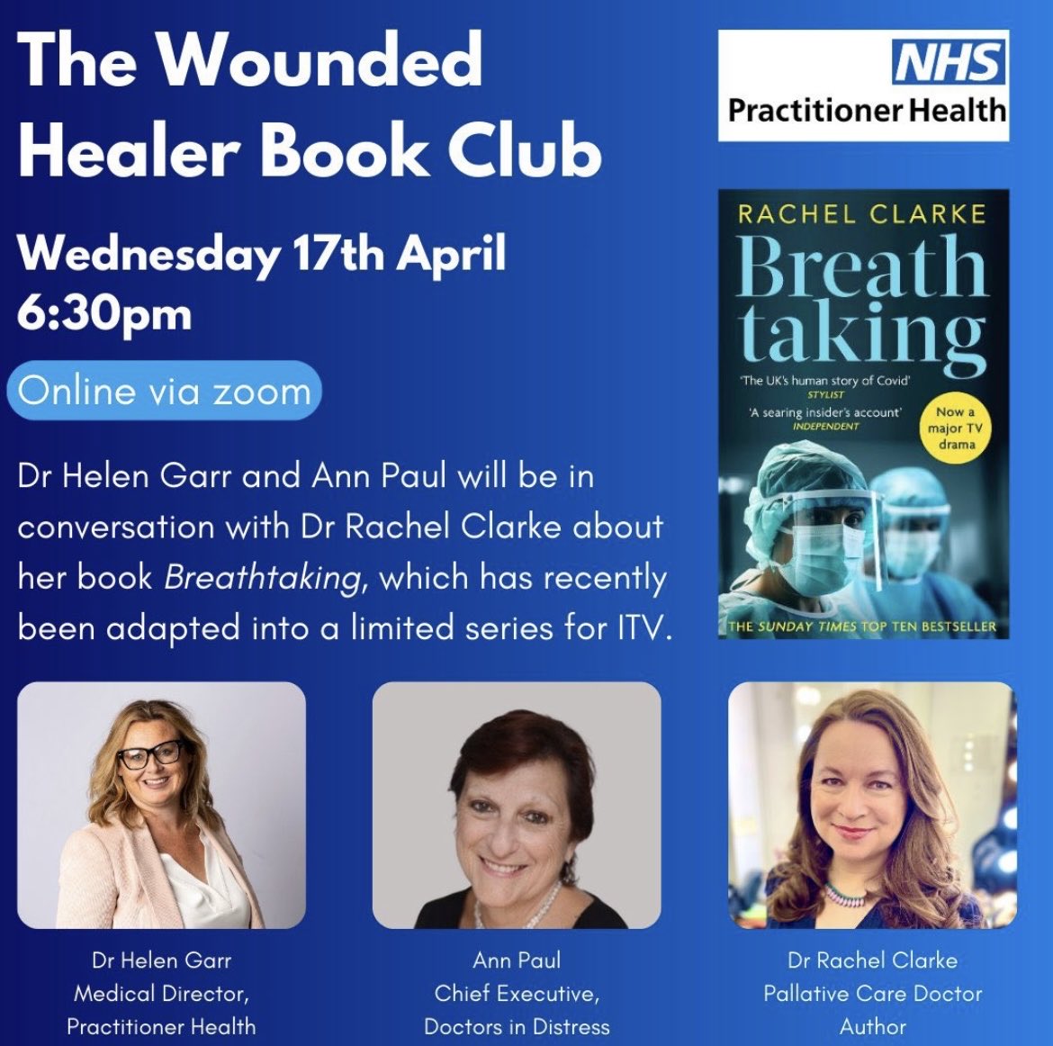 This feels so timely after recent events. Delighted to be joining @NHSPracHealth & @DoctorsDistress for the first ever Wounded Healer Book Club 💙 Join us to discuss all things #BREATHTAKING 📍 Online 🗓️ Wed 17 Apr, 6.30pm Sign up here: tinyurl.com/yvvu2ksr