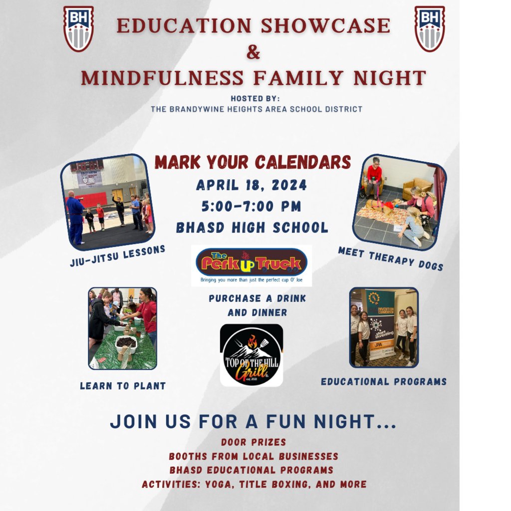 BHASD is holding the annual Educational Showcase and Mindfulness Family Night on Thursday, April 18, 2024 at the High School from 5:00 to 7:00 pm. Join us for a fun night filled with vendors, educational highlights, and activities.