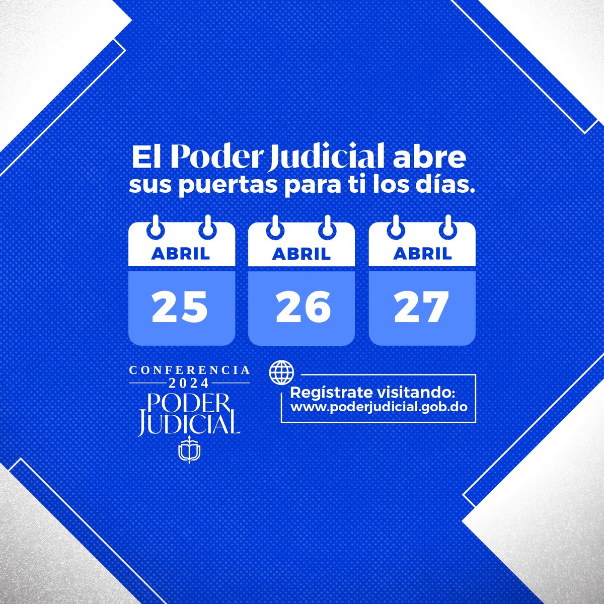 PoderJudicialRD's tweet photo. Ven a conocer a los protagonistas e iniciativas clave de la Justicia del Futuro en la Conferencia del Poder Judicial 2024, los días 25, 26 y 27 de abril. 

Regístrate y reserva las actividades de tu interés, en el enlace: https://t.co/WNFrWqDcKe  
 
 ¡Que no te lo cuenten! https://t.co/zIujLkLBN9