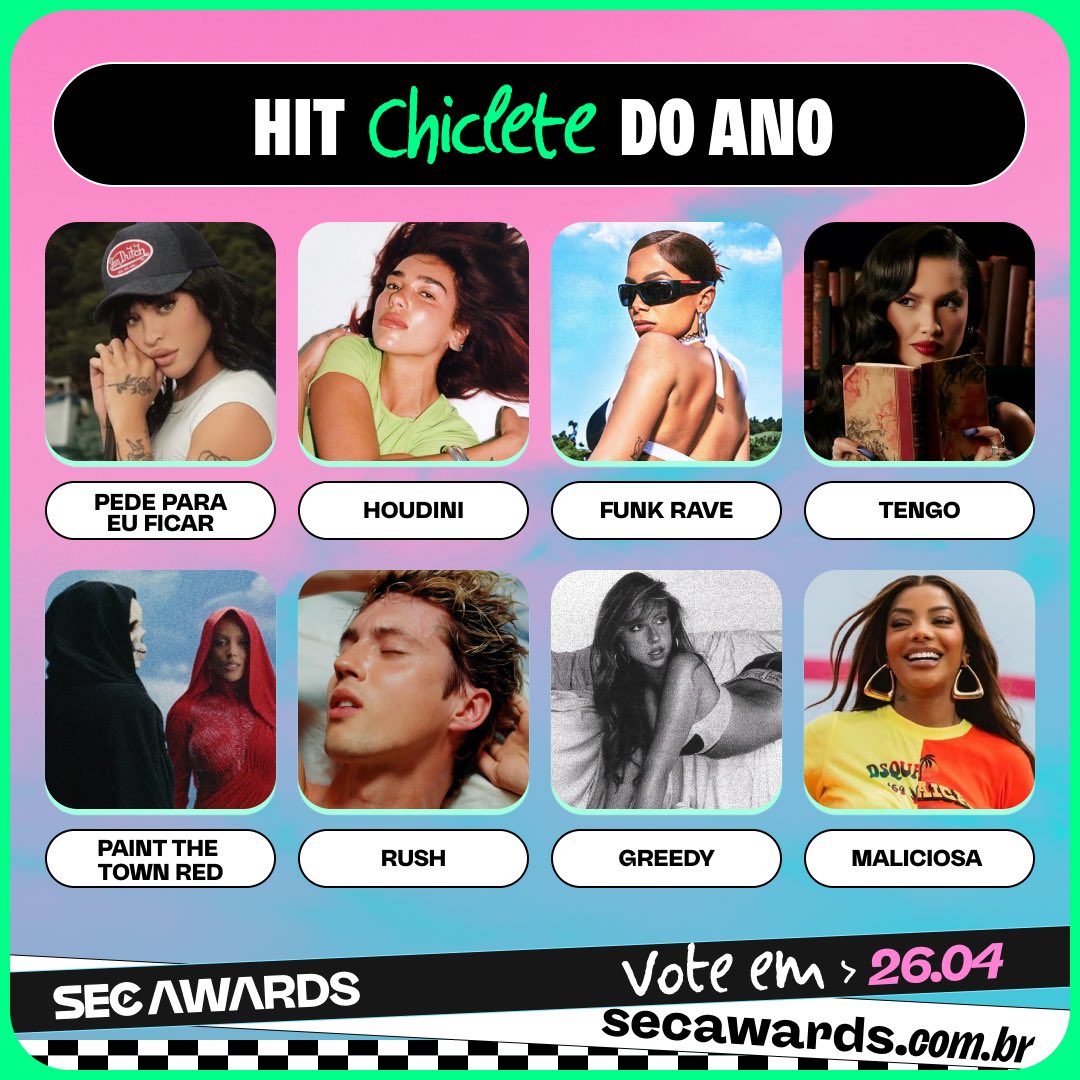 Conheça as músicas indicadas na categoria 'Hit Chiclete do Ano' no #SECAwards 2024. 🍬🥁 A votação começa a partir de 26 de Abril. ❤️‍🔥
