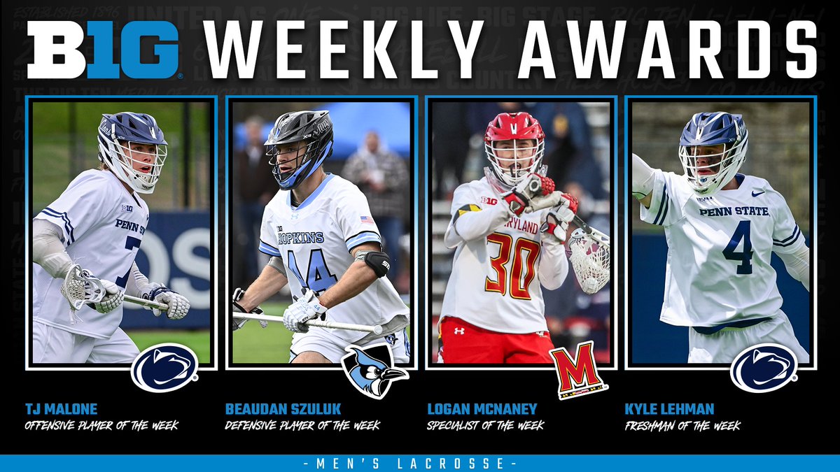 🥍 #B1GMLAX WEEKLY AWARDS 🥍 🔵 Offensive: @PennStateMLAX TJ Malone 🔵 Defensive: @jhumenslacrosse Beaudan Szuluk 🔵 Specialist: @TerpsMLax Logan McNaney 🔵 Freshman: @PennStateMLAX Kyle Lehman ➕ tinyurl.com/yc83pevd