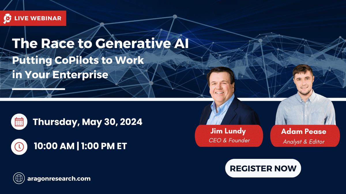 Don't miss our upcoming webinar with CEO Jim Lundy & Analyst Adam Pease, diving into the Race to #GenerativeAI and its promise of increased #Productivity. Learn how to put #CoPilots to work in your #Enterprise! Register now ➡️ bit.ly/3PZ7raG