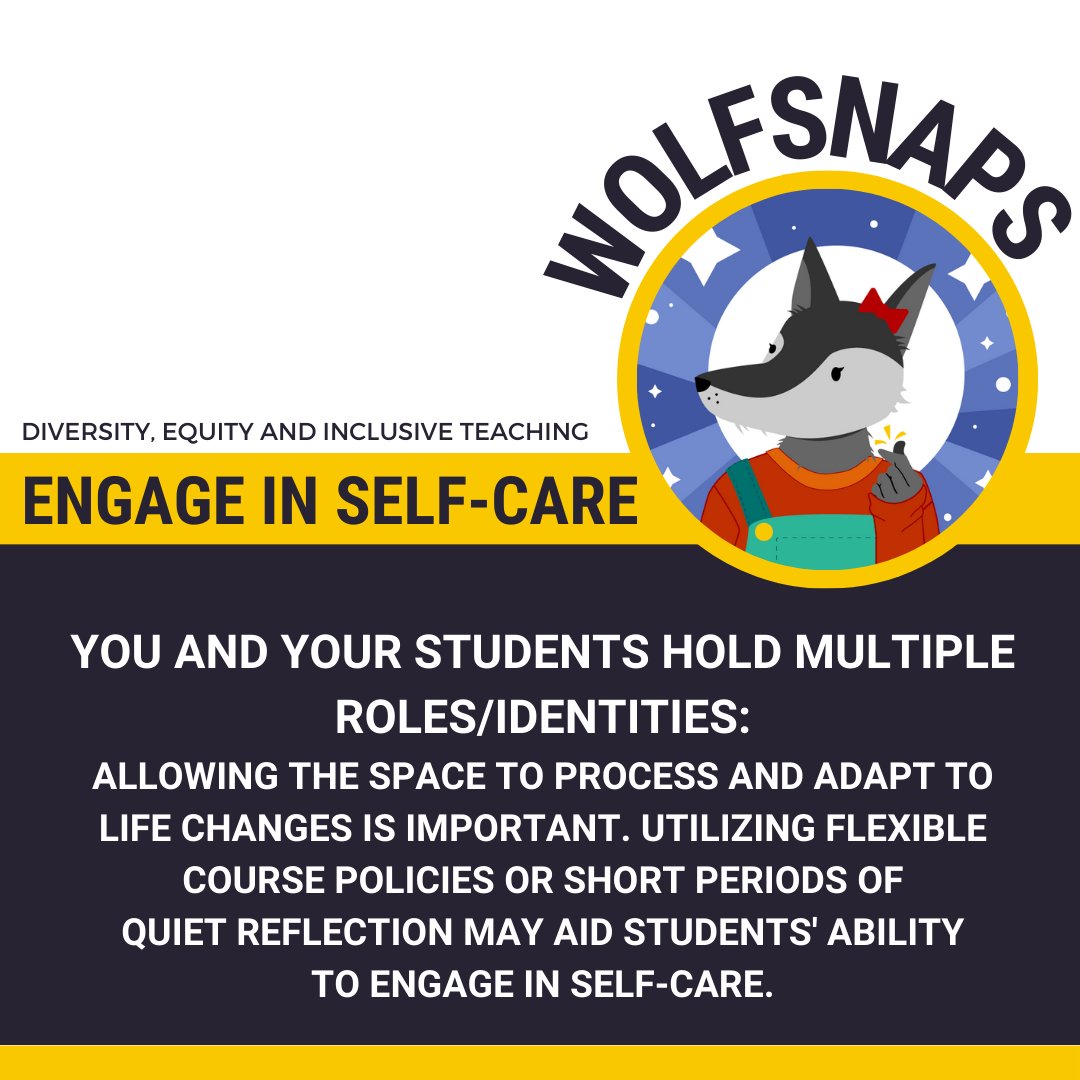 It’s #DEITipTuesday @NCState! This week, we pull from our #InclusiveTeaching #WolfSNAPS to talk about #SelfCare @NCStateOIED @NCStateOFE @NCStateWiT @WolfpackAtWork @ncsulibraries 
ow.ly/aMAz50N6gKx