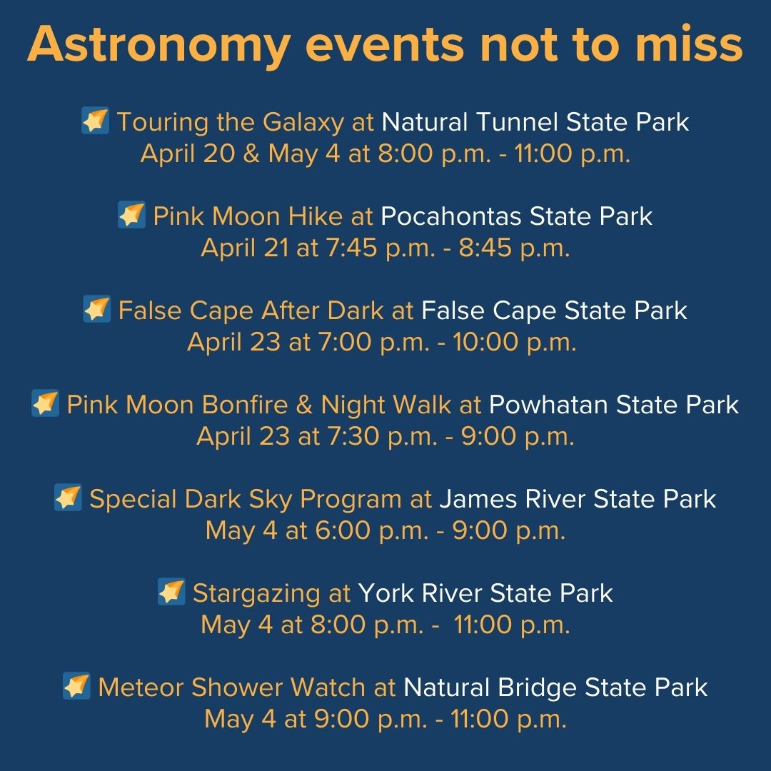 #DarkSkyMonth continues, you have more opportunities before month’s end to see the stars at #VaStateParks! Or see a meteor shower on May 4. Find more details about these upcoming astronomy programs at dcr.virginia.gov/state-parks/da….