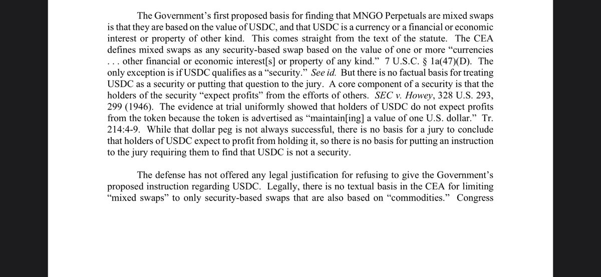 The DoJ took the position Saturday that “there is no factual basis for treating #USDC as a security” even if the peg isn’t  perfect. This is not a big surprise given the number of CFTC actions involving USDC, but nice to see in such explicit terms.