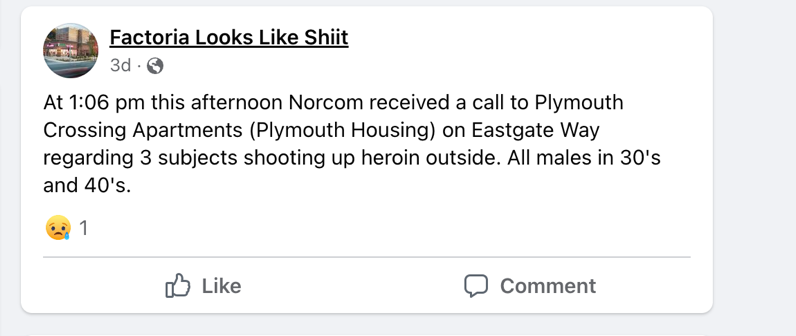safeeastside's tweet photo. @choeshow Well, fact is fact. "3 subjects shooting up heroin outside" Plymouth Crossing in Bellevue. @PlymouthHousing  @SeattleChannel https://t.co/b2BXGnilbw