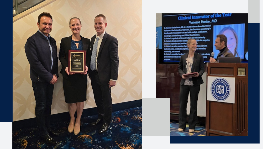 Congratulations to Dr. Vanessa Henke, @CSAHQ Clinical Innovator of the Year awardee! She's pictured here receiving her award, with the @CSAHQ President @LAsk8erdoc and President Elect @PhilipRLevinMD1. @gropperUCSF @UCSF @UCSFHospitals