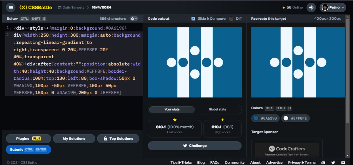 aberefejiro's tweet image. {⚔️} Day 1 of #CSSBattleDaily streak: Apr 16  — 610.1 score / 386 chars cssbattle.dev/play/D6SkrxLXU… via @css_battle
 
I'm back again.