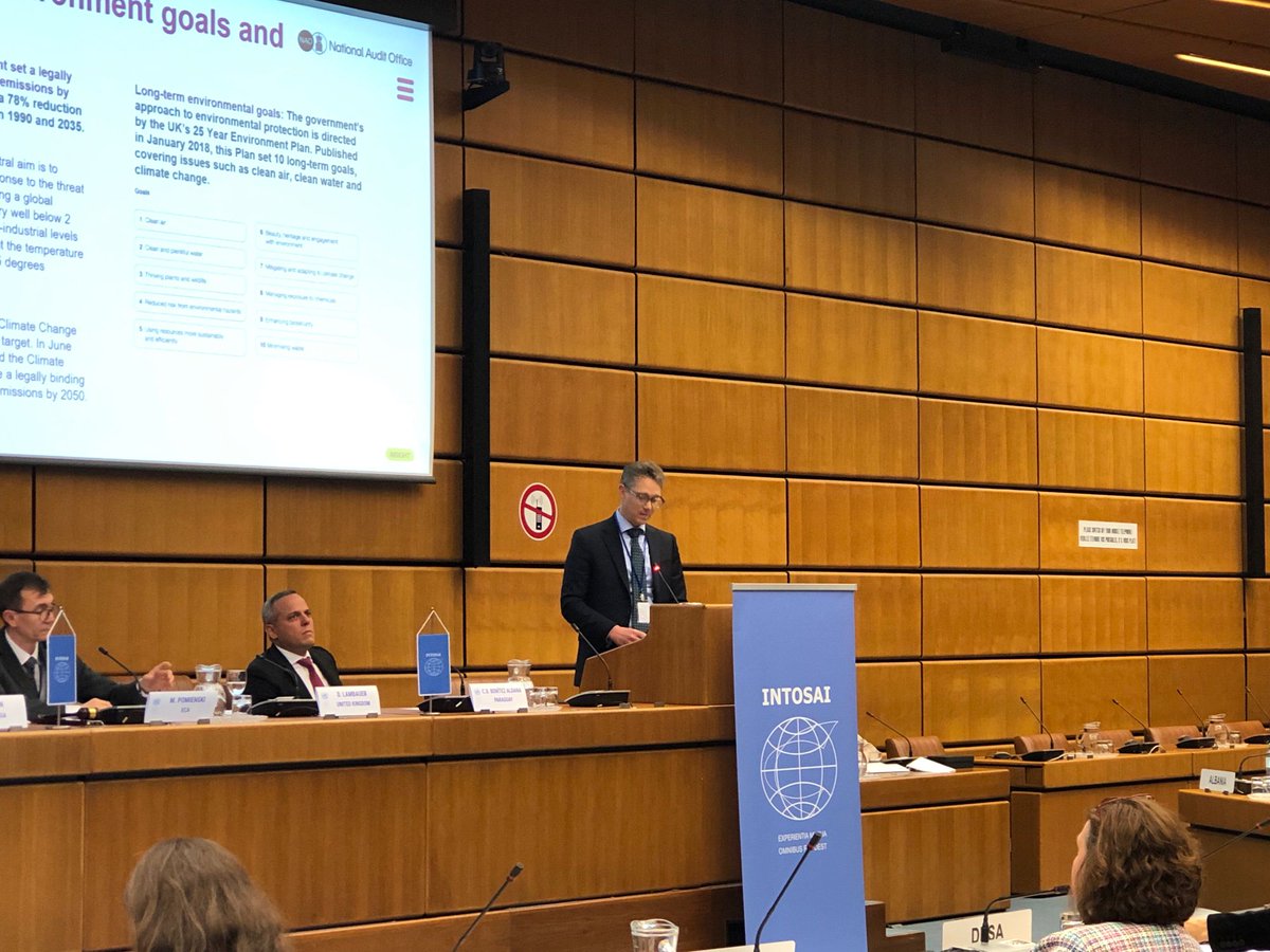 Daniel Lambauer from @NAOorguk discussed the UK’s long-term #environmental goals, highlighting the #UK’s 25 Year Environment Plan (2018), which set 10 long-term goals covering issues such as #cleanair, #cleanwater and #climatechange. #SDG13 #UN #INTOSAISymposium.