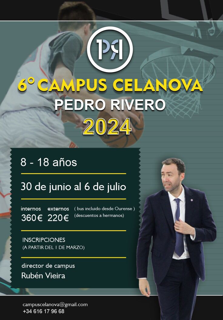 ¡Volvemos! 
El Campus Celanova Pedro Rivero vuelve con más ganas que nunca, de la mano de su director Rubén Vieira, preparador físico del Obradoiro. Del 30 de junio al 6 de julio, disfrutaremos del entrenador del Movistar Estudiantes y de mucho más.
¡No te quedes sin tu plaza!