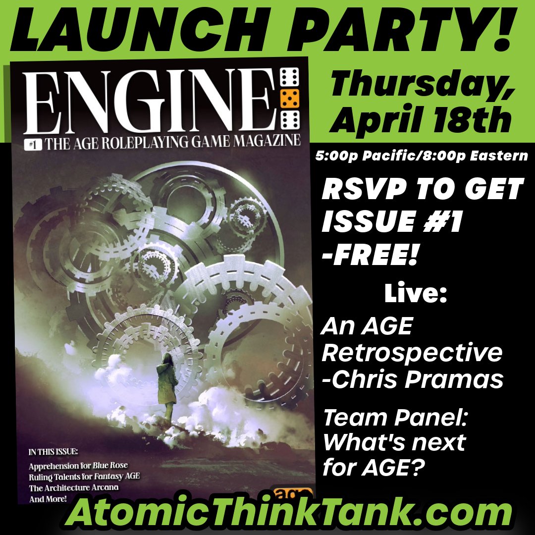 Join the Atomic Think Tank and RSVP for our ENGINE Launch Party! Plus, FREE Fantasy AGE and Cthulhu Awakens content, and more! mailchi.mp/greenronin.com…