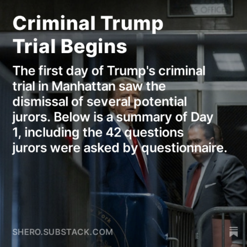 Today in court, Trump was admonished by the judge for audibly speaking at a juror who was being questioned. While Merchan has not ruled yet on enforcing his gag order, he has a hearing set on the issue on the 23rd. More here: shero.substack.com/p/criminal-tru…