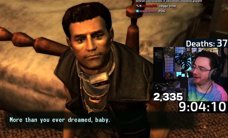 With every Randomizer installed for New Vegas, it took me just over 9 hours and 37 deaths to have sex with Benny. 🫡