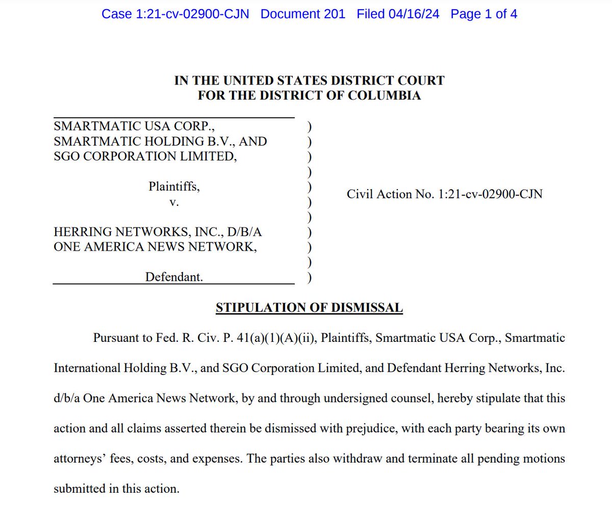 🚨  Smartmatic & OAN settle Election Defamation Case. ⚖️  “Smartmatic has resolved its litigation against OANN through a confidential settlement” -- Erik Connolly. This does NOT affect the Dominion case. 
Dominion Docket: protopage.com/birthers#Domin…
Filing: storage.courtlistener.com/recap/gov.usco…