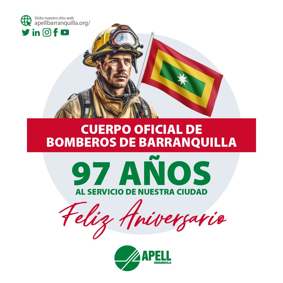 APELLBaq's tweet photo. Hoy celebremos con orgullo el cumpleaños #97 de nuestro Cuerpo de @BomberosBquilla Para ellos nuestro reconocimiento y gratitud por su ardua labor,  su valentía y su espíritu de servicio para proteger nuestra ciudad.  Felicitaciones! https://t.co/RsYIYazpzp