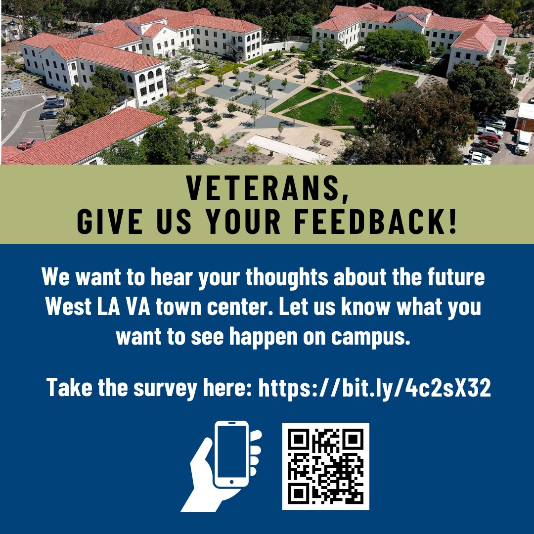 Veterans, be sure to share your opinion about the future town center concept planned for the West LA VA! You can take it online here: bit.ly/4c2sX32. Or, join us tomorrow 4/17 in B500 from 10 a.m. to 12 p.m. and share your feedback there.