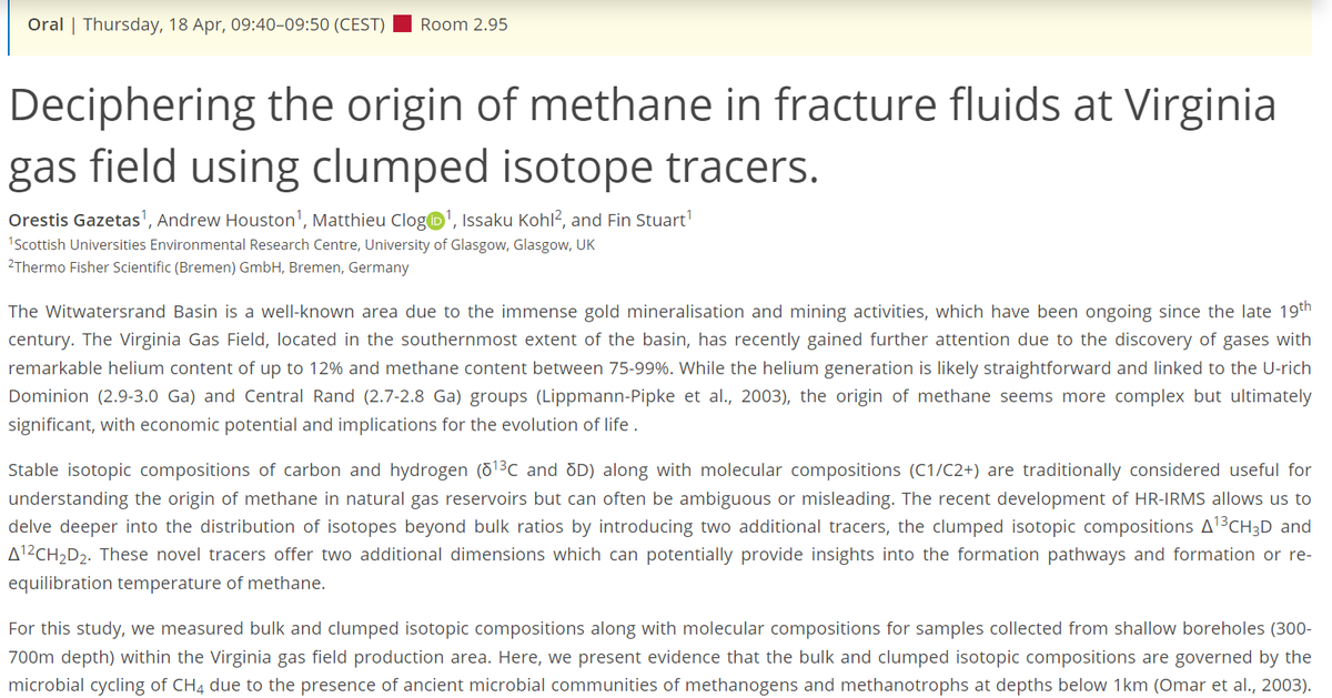 On Thursday at 9.40 in BG2.2 PhD student Orestis Gazetas' first big conference talk, showing how clumped isotopes reveal the complex origin of methane in the Witwatersrand helium deposit @RenergenJHB #EGU24