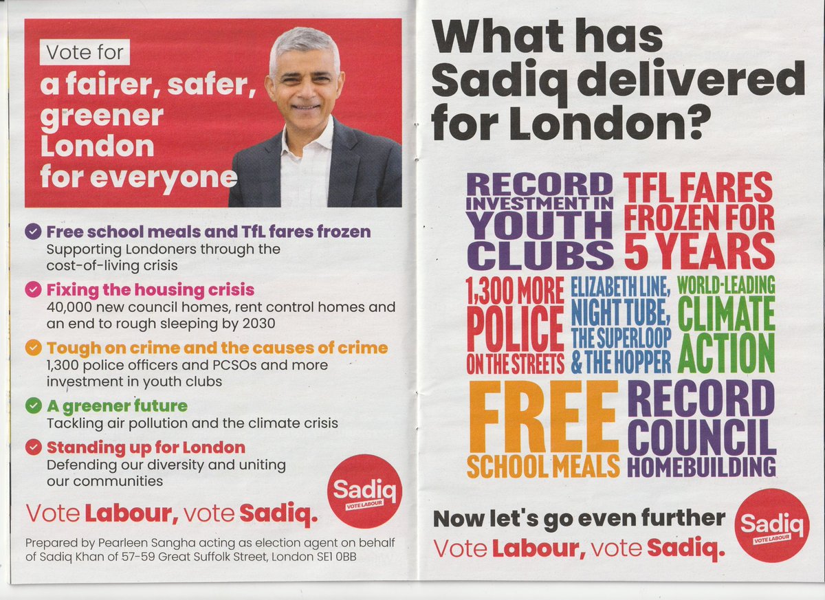 Going to every registered voter - news of @SadiqKhan, Labour's candidate for @MayorofLondon standing for a fairer, safer, greener London for everyone: Free school meals, TfL fares frozen (5th year), fixing the housing crisis, a greener future - tough on crime & causes of crime