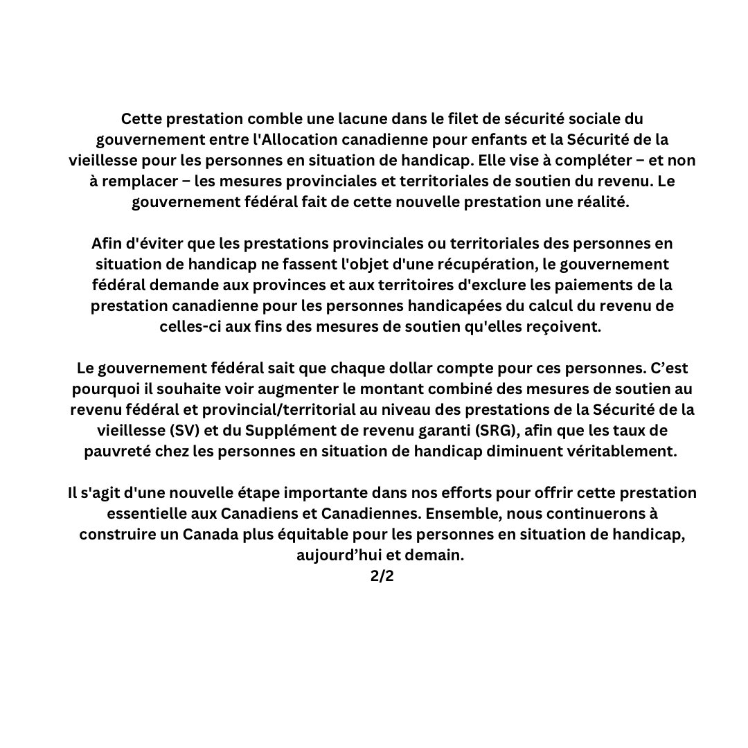 Dans le budget 2024, notre gouvernement promet un financement historique de 6.1 milliards de dollars pour la Prestation canadienne pour les personnes handicapées. Il s’agit d’une étape importante dans nos efforts pour offrir cette prestation aux Canadien.nes. Ma déclaration ⬇️