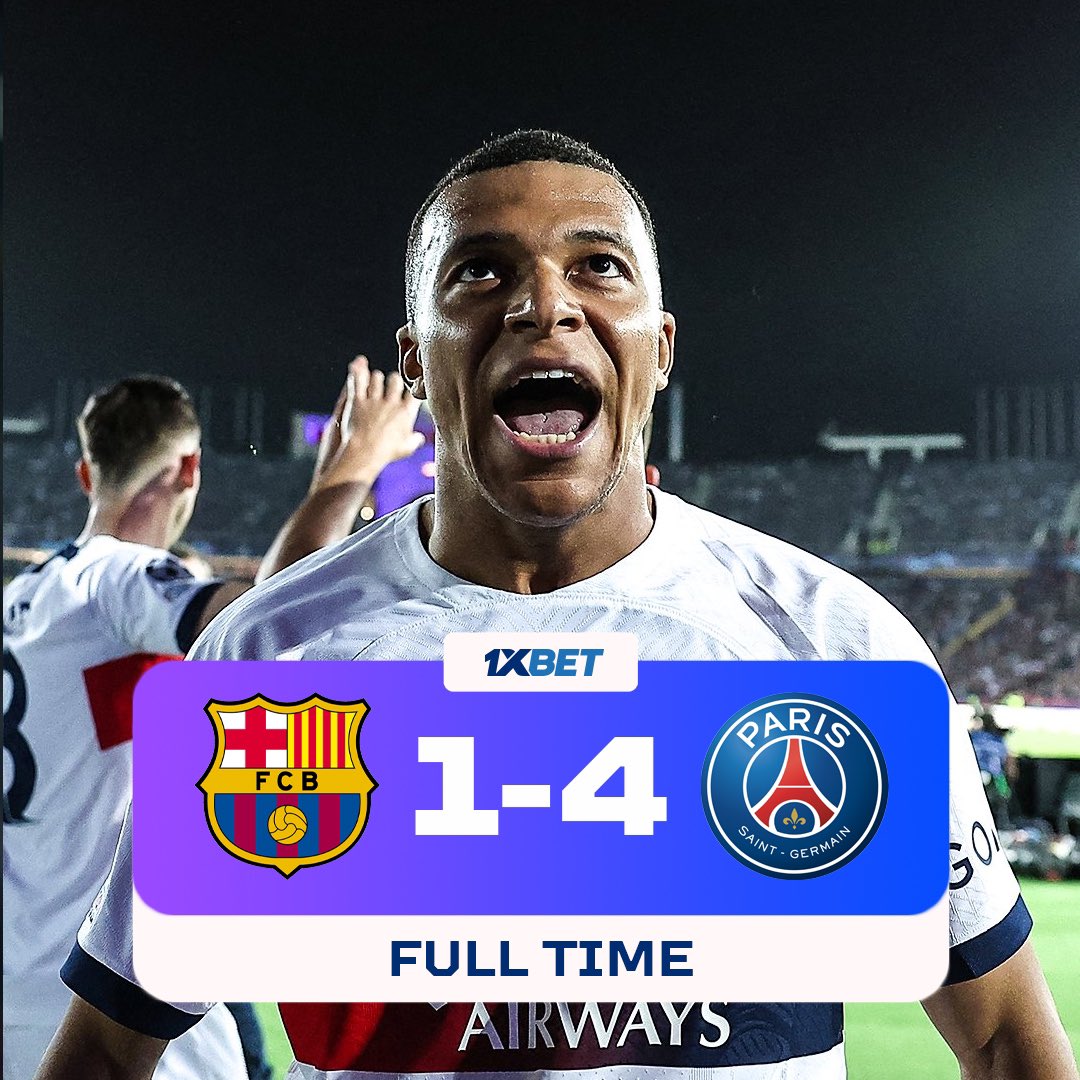 #1xDerby is over 🏆 This game was on FIRE 🔥🍿 🇪🇸 FC Barcelona 1️⃣-4️⃣ PSG 🇫🇷 12’ — Raphinha 40’ — Dembele 54’ — Vitinha 61’ — Mbappe 89’ — Mbappe Thanks everyone! Promo codes tomorrow ✅ #1xDerby | #BarçaPSG | #UCL