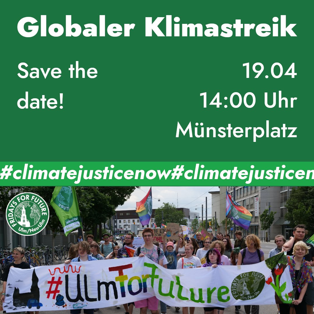 💚 Save the Date 💚 
Am Freitag findet auch in Ulm eine Kundgebung zum Globalen Klimastreik statt!

🎨 Dieses Mal werden wir kreativ und hinterlassen Kreidebotschaften auf dem Münsterplatz 🎨

🌈 Helft uns, damit der Münsterplatz bunt wird! 🌈

🕑 14:00 Uhr
📌 Münsterplatz