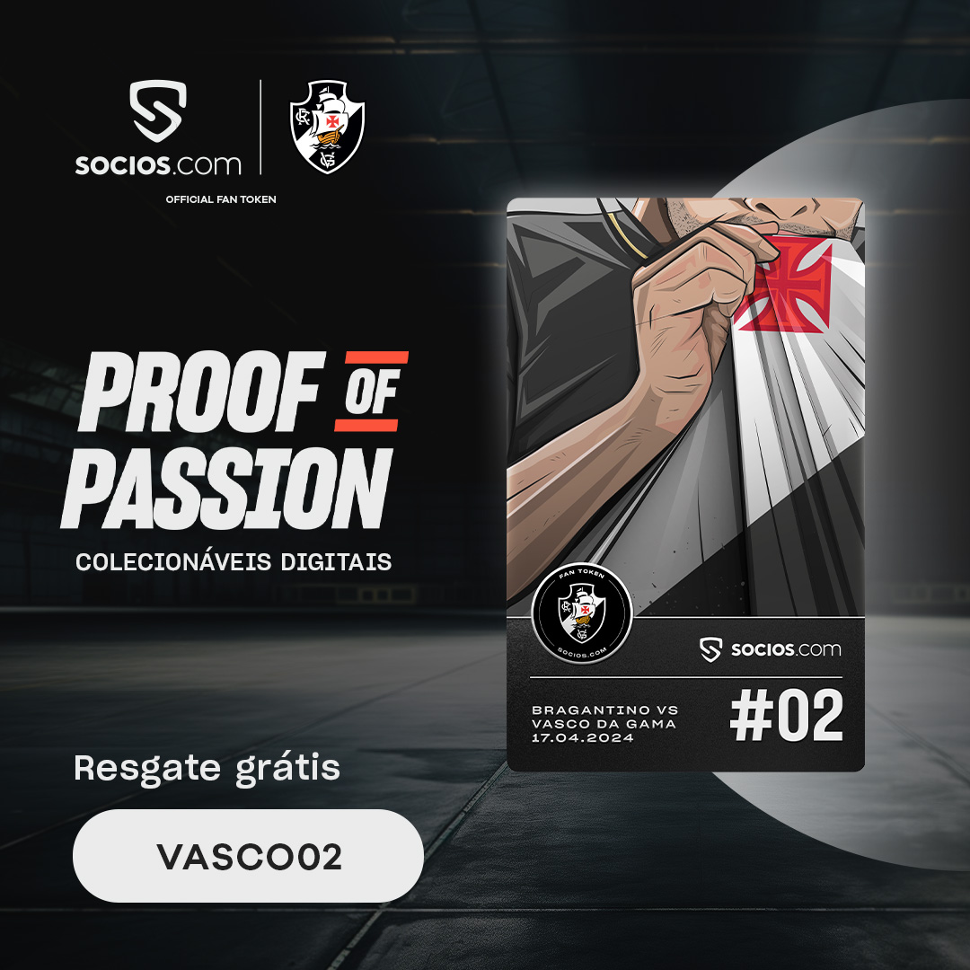 Vascaíno, é hora de resgatar o Colecionável Digital #ProofOfPassion #2! Antes do jogo começar, acesse provesuapaixao.com.br e insira o código. Resgate grátis a cada rodada do Brasileiro e concorra à braçadeira de capitão utilizada na estreia! #ProveSuaPaixão | @SociosBrasil