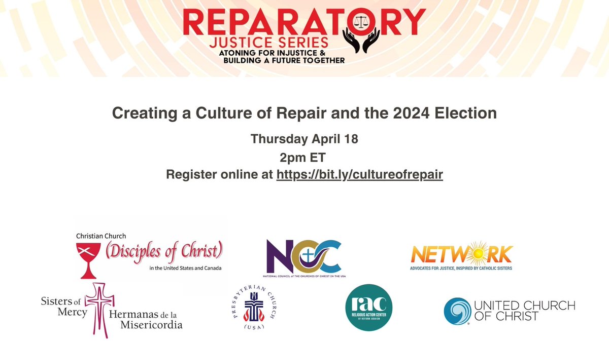 Join us for a discussion on reparatory justice with Rev. Robert Turner, author of 'Creating a Culture of Repair.' Learn how to influence institutional action and repair the effects of racial injustice in our communities! Register Here⬇️ us02web.zoom.us/webinar/regist…