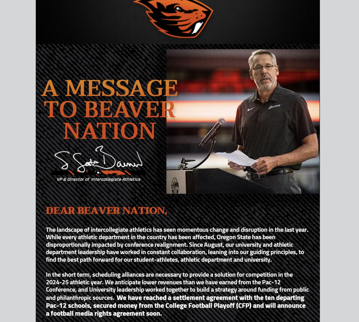 johncanzanobft's tweet image. Oregon State AD Scott Barnes pens an open letter: "I hear you and know that it feels like since August we have been on the receiving end of multiple gut punches. When that happens, you are faced with two options – exit the ring or throw counterpunches. Hear this Beaver Nation,…