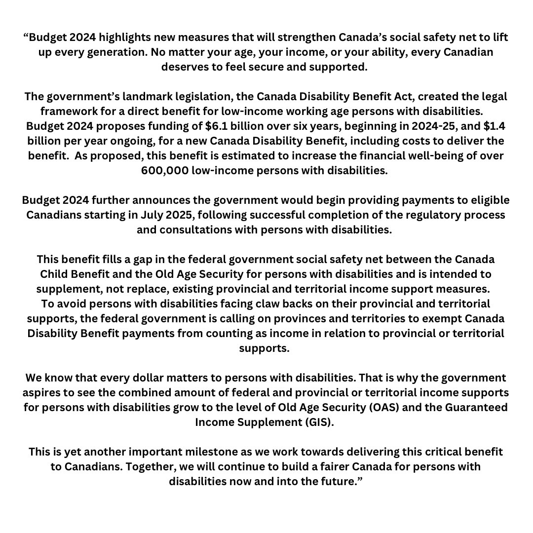 HonKamalKhera's tweet photo. In Budget 2024 our government has committed a historic $6.1 billion for the Canada Disability Benefit.
This is yet another important milestone as we work to deliver this benefit to Canadians.
Read my full statement here ⬇️ https://t.co/5cNYRbwmSr