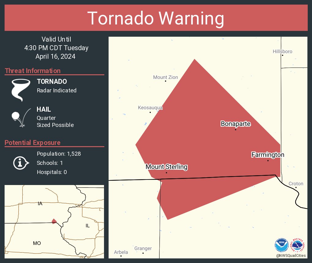Tornado Warning continues for Farmington IA, Bonaparte IA and Mount Sterling IA until 4:30 PM CDT