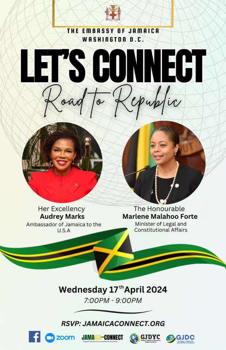 Join Minister of Legal and Constitutional Affairs, Hon. Marlene Malahoo Forte as she engages with members of the Diaspora across the USA on Jamaica's Road to Republic. The discussion will be streamed live on Zoom April 17 at 6:00 p.m. (Jamaica Time). RSVP jamaicaconnect.org