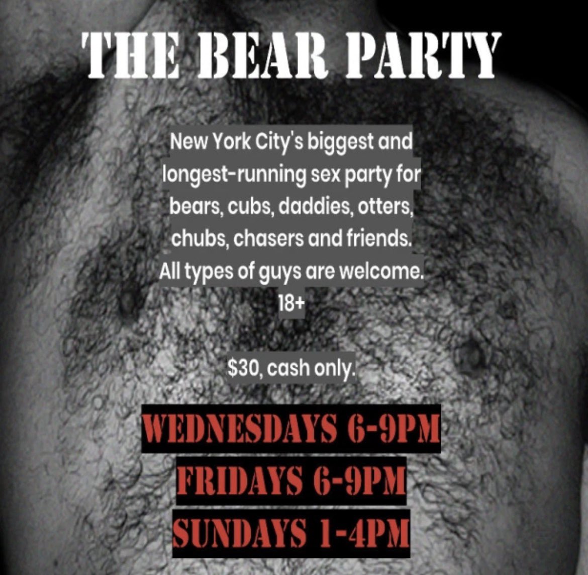 🔥The Best Bear Party in New York City is Wednesday🔥 WEDNESDAY – NYC Gay Play Party | BEAR PARTY, a great NYC Gay Sex Party on W37th St, Midtown, for bears, cubs & admirers. $30 cash. 6PM-9PM | Hosted by @BearPartyNYC ⬇️For info visit link below ⬇️ gaysexnyc.wordpress.com/2024/04/16/eve…